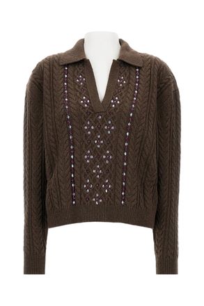 Des_Phemmes Embroidered Cable-Knit Sweater With Classic Collar And Ribbed Cuffs