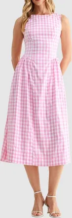 All in Favor Gingham Fit & Flare Midi Dress in Pink Gingham at Nordstrom, Size X-Large