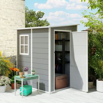 OUTSUNNY 4x5FT Plastic Garden Shed, Lockable Tool Storage House Lean to Shed with Vent in Grey