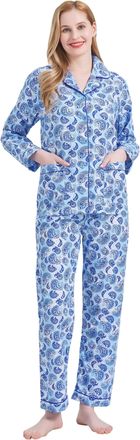 Global Ladies Pyjamas Set 100% Cotton Womens PJs Long Drawstring Sleepwear for Women Blue Waves XXL