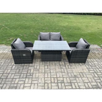 Fimous Wicker pe Rattan Furniture Garden Dining Set Outdoor Patio Height Adjustable Rising lifting Table Love Sofa With Reclining Chair - Fimous