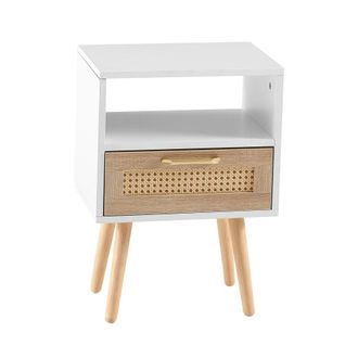 Urban Meuble Mesita de noche escandinava blanca con caj&oacute;n de rejilla