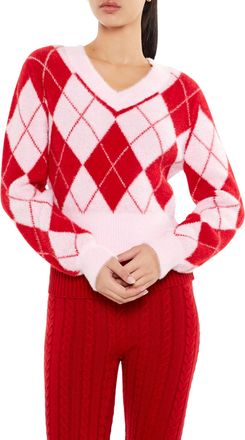 Forever 21 Womens Argyle Fuzzy Knit Sweater, Pink, Small