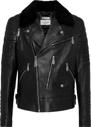 Philipp Plein Leren bikerjack met shearling kraag - Heren - Leren en Su&egrave;de Jassen - Zwart - 4XL - Leer - Jassen