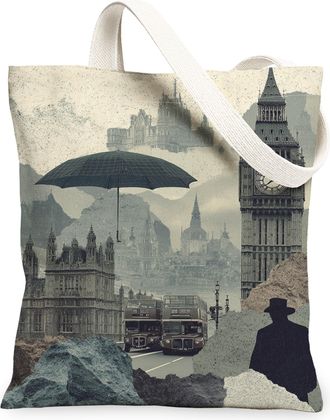 Generic Vintage Cityscape Canvas Tote Bags, Artistic Urban Landscape Design Reusable Grocery Bags, Lightweight Washable Shoulder St, Gray, 13x15 Inch