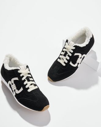 Talbots Alex Status Suede Shearling Sneakers - Black/Ivory - 10 1/2 M Talbots