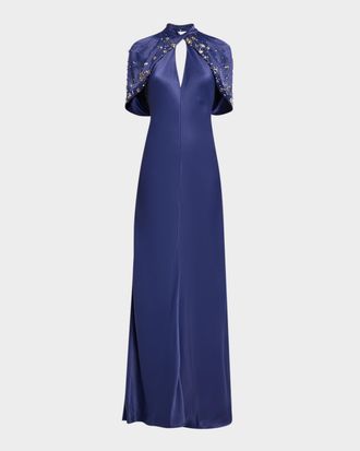 Alberta Ferretti Embellished Capelet-Sleeve Keyhole Satin Gown