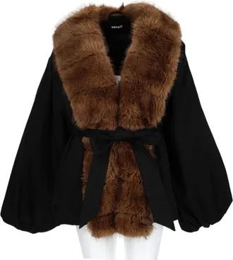 Rotate Black Voluminous Fur Collar Belted Casual Jacket
