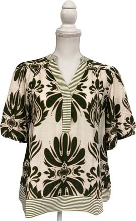 She + Sky Womens Mix Printed Puff Sleeve Top With Contrast Trim In Green