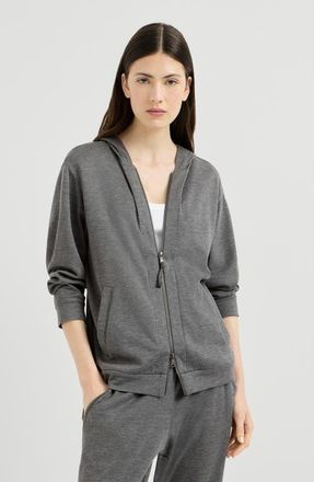 Brunello Cucinelli Cotton and silk interlock hooded sweatshirt with precious zipper pull in Dark Grey at Nordstrom, Size Xx-Small