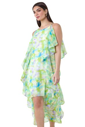 Ariella Womens Abstract Chiffon Ruffle Detail Midi Dress - Green - Size 12 UK