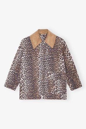 Ganni Brown Leopard Printed Canvas Midi Jacket - Size XXS/XS Organic Cotton