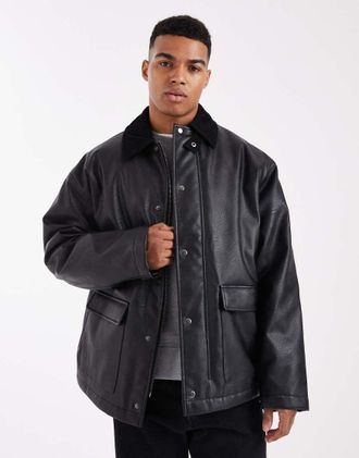Asos Giacca barn oversize nera con colletto in tessuto a coste-Nero