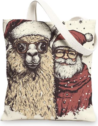 Generic Fun Christmas Alpaca Canvas Tote Bag for Shopping 13x15, Xmas Santa Claus Snow Scenic Reusable Grocery Print Bag for Women Men, Holiday New Year Aesth