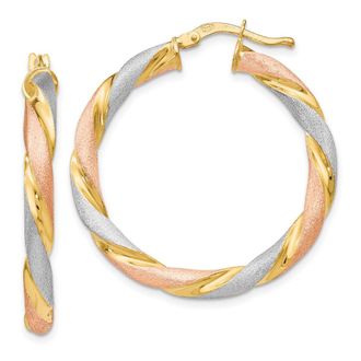 Diamond2Deal Sterling Silver Tri-color Twisted Round Hinged Hoop Earrings