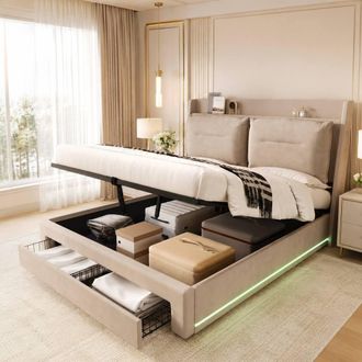 Merax 5FT King Size Velvet LED Ottoman Storage Bed with Cushion Headboard in Beige