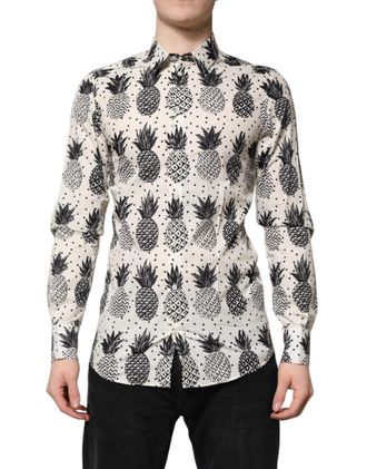 Dolce & Gabbana Mens White Pineapple Print Long Sleeve Gold Shirt Cotton