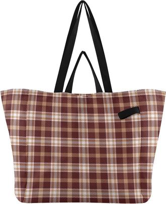 Generic Plaid Brown pattern Reusable Canvas Tote Bag, Heavy Duty Grocery Shopping Bag with Hard Bottom Large Capacity Double Handles Work Groceries Travel