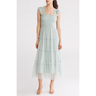 Blu Pepper Mesh Smocked Tiered Midi Dress in Sage at Nordstrom Rack, Size Medium