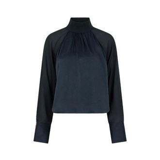 Dante6 Top de sat&eacute;n verde medianoche con cuello alto - Blouses & Shirts - Mujer - Verde - M
