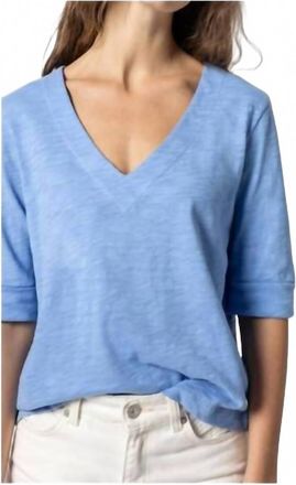 Lilla P Cuffed Elbow Sleeve V-Neck Tee In Harbor