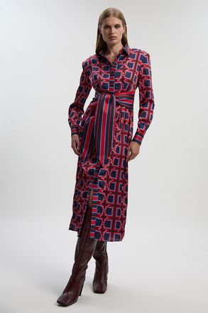 Karen Millen Womens Geo Print Hammered Satin Tie Waist Woven Midi Dress - Burgundy - Size 8 UK