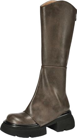 Generic Womens Leather Round Toe Mid Heel Riding Boots With Zipper Warm Vintage Platform Knee-High Boots