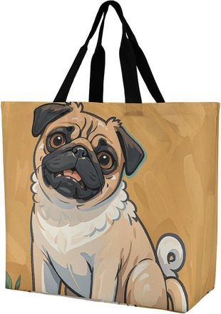 Generic Funny Cartoon Pug Puppy Dogs Shopping Bag Reusable Shopper Bag Foldable Handbags For Ladies Casual Work
