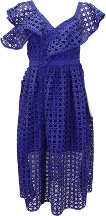 Self Portrait Self Portrait One Shoulder Ruffled Midi Dress in Blue Polyester Lace