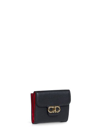 Ferragamo Womens Compact Wallet Hammered Calfskin Black Calf Leather & Purses