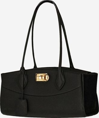 Ferragamo Womens Shoulder Bag East West Embossed Leather Black And Suede