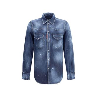 Dsquared2 Mens Denim Shirt Distressed Detailing - Medium Blue Cotton - Size EU 48 (Mens)
