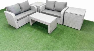 Fimous 4 Seater Outdoor Love Sofa Set Rattan Garden Furniture Set with Oblong Coffee Table 2 Side Tables Light Grey - Fimous