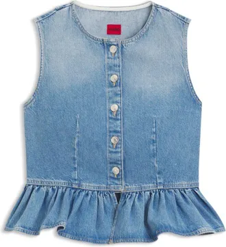 HUGO BOSS Regular-fit sleeveless blouse in denim with peplum hem