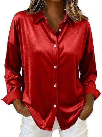 Generic Womens Satin Shirts UK 2026 Spring Fashion Blouse Casual Long Sleeve Button Down Lapel Neck Tops Dressy Comfy Solid Color Loose Fit Shirt Ladies Elega