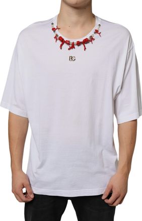 Dolce & Gabbana Mens White Cotton Necklace Embellished T-Shirt