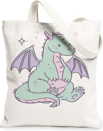 Generic Cute Dragon Canvas Tote Bags, Adorable Mythical Design Reusable Grocery Bags, Spring Fun Lightweight Washable Shoulder Stra, White, 13x15 Inch