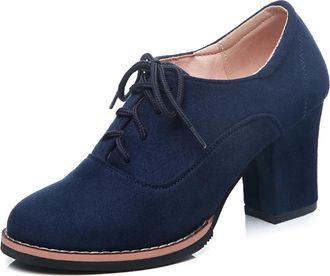 Generic Womens Suede Oxfords Round Toe Lace-Up Block Heels Contrast Sole Adjustable Laces Smooth Upper Padded Insole Comfortable Durable Shoes,Blue,6.5 UK
