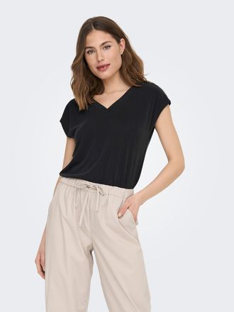 Only V-Shirt ONLY ONLFREE S/S MOD.V-NECK TOP JRS NOOS, Damen, Gr. XS, schwarz, Jersey, Obermaterial: 70% Modal, 30% Polyester, regular fit normal, V-Aussch
