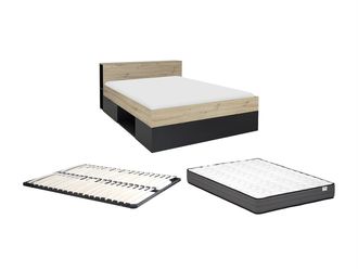 Vente-Unique Cama 140 x 190 cm - 3 cajones y 6 estantes - Natural y negro + Somier + Colch&oacute;n - CIKETO