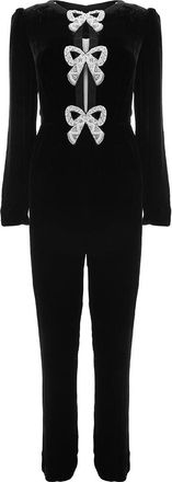 Saloni Womens C/O Camille Velvet Rn Balloon Slv Jumpsuit W Embellished Bow Detail In Black - Size 4 UK