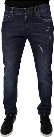 Dolce & Gabbana Donkerblauwe Logo Skinny Distressed Jeans - Heren - Slim Fit Jeans - Blauw - M - Katoen - Jeans
