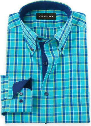 Paul Fredrick Tailored Fit Comfort Stretch Non-iron Windowpane Dress Shirt With Contrast Trim