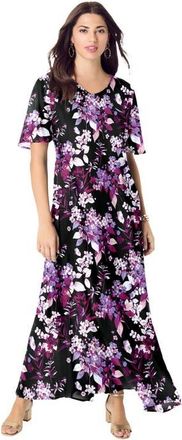 Roaman's Plus Size Hand Crinkled Flutter Sleeve Maxi Dress in Black Berry Floral at Nordstrom, Size 24