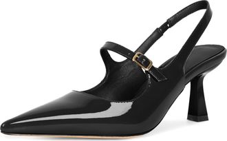 elashe Womens Slingback Pumps Kitten Heel 1.5 Inches Closed Pointed Toe Ankle Strap with Metal Buckle Elegant Patent Leather Ideal for Party & Office Black U