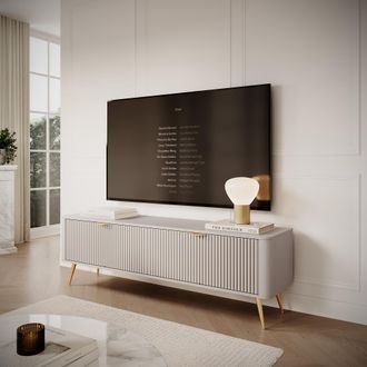 Dmora Mueble Tv Kalase, Un Estante, 2 Puertas, Efecto Rayado Con Patas, 163x38x51h Cm Blanco