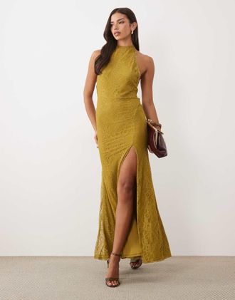 Asos premium vestito lungo in pizzo con schiena aperta e spacco, color oliva-Verde