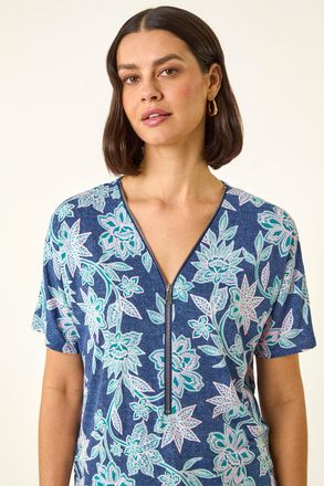 Roman Floral Print Zip Detail Top