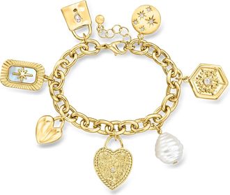 Ross-Simons 14kt Yellow Gold-Plated Charm Bracelet With Simulated Gemstones, Pearl and. Czs