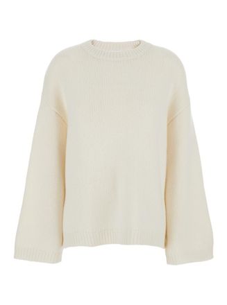 Soft Goat White Crewneck Knit Sweater With Dropped Shoulders In Cashmere Woman